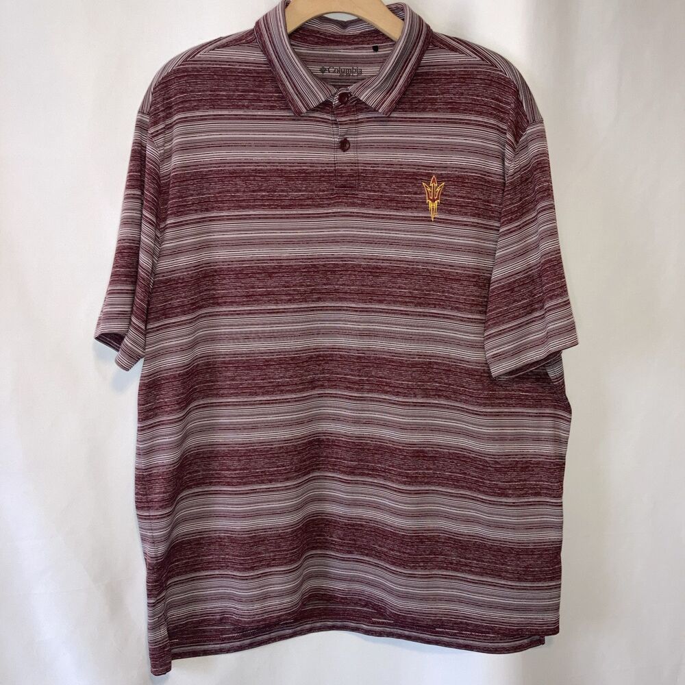 Columbia Polo Golf Shirt XL Red Maroon Striped ASU Arizona State Sun Devils Logo